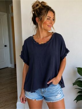 Roots Navy Cotton Gauze Long Sleeve Top with Frayed Trim
